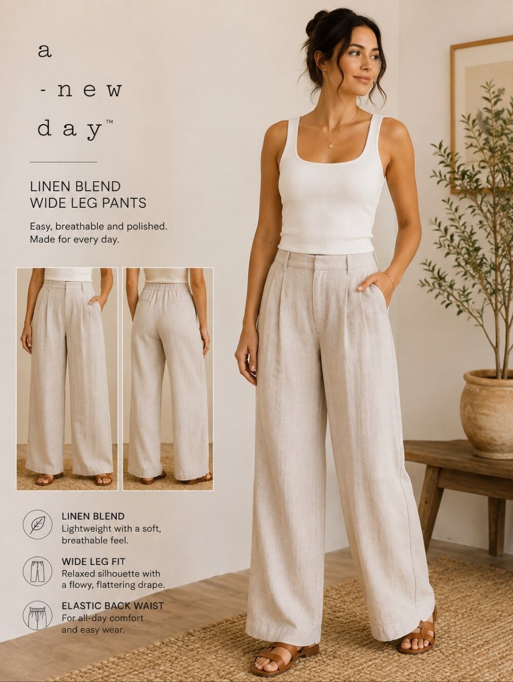 A New Day Linen Blend Wide Leg Pants‎ Beige Oatmeal Pleated Elastic Waist Size 8